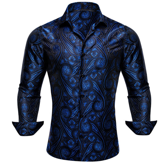 Dark Blue Paisley Silk Dress Shirt shirt S   - Sophisticated Gentlemen