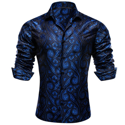 Dark Blue Paisley Silk Dress Shirt shirt    - Sophisticated Gentlemen