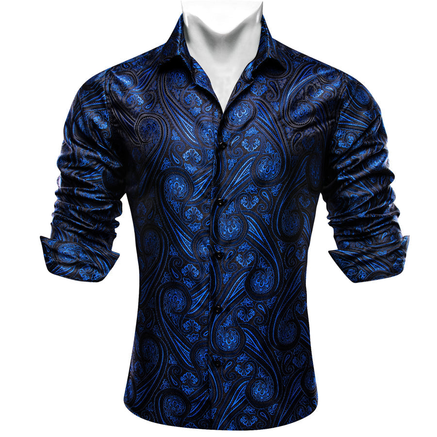 Dark Blue Paisley Silk Dress Shirt shirt    - Sophisticated Gentlemen