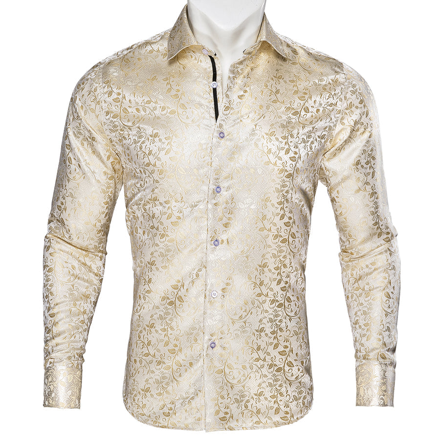 Champagne Floral Silk Dress Shirt shirt S   - Sophisticated Gentlemen