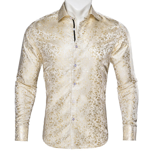 Champagne Floral Silk Dress Shirt shirt S   - Sophisticated Gentlemen