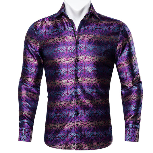 Blue Violet Paisley Silk Dress Shirt shirt S   - Sophisticated Gentlemen