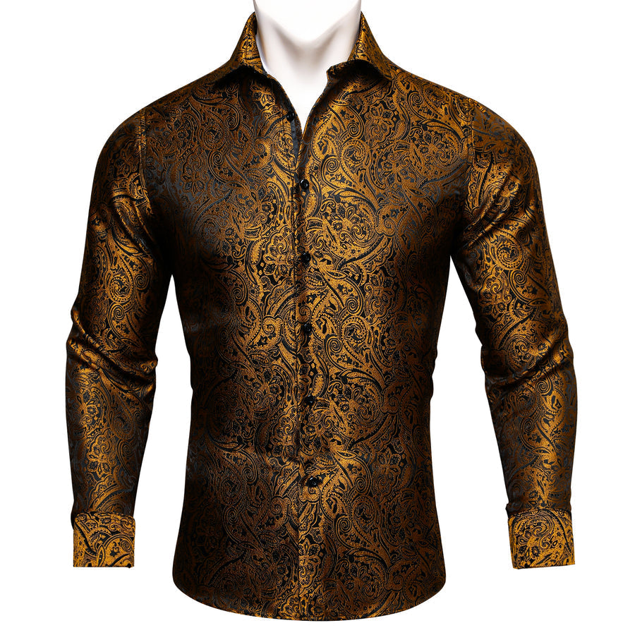 Black Golden Paisley Silk Dress Shirt shirt    - Sophisticated Gentlemen