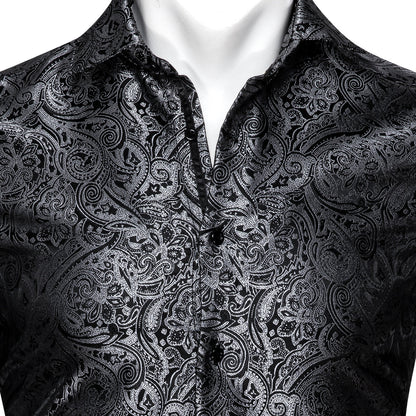Black and Silver Paisley Silk Shirt shirt    - Sophisticated Gentlemen