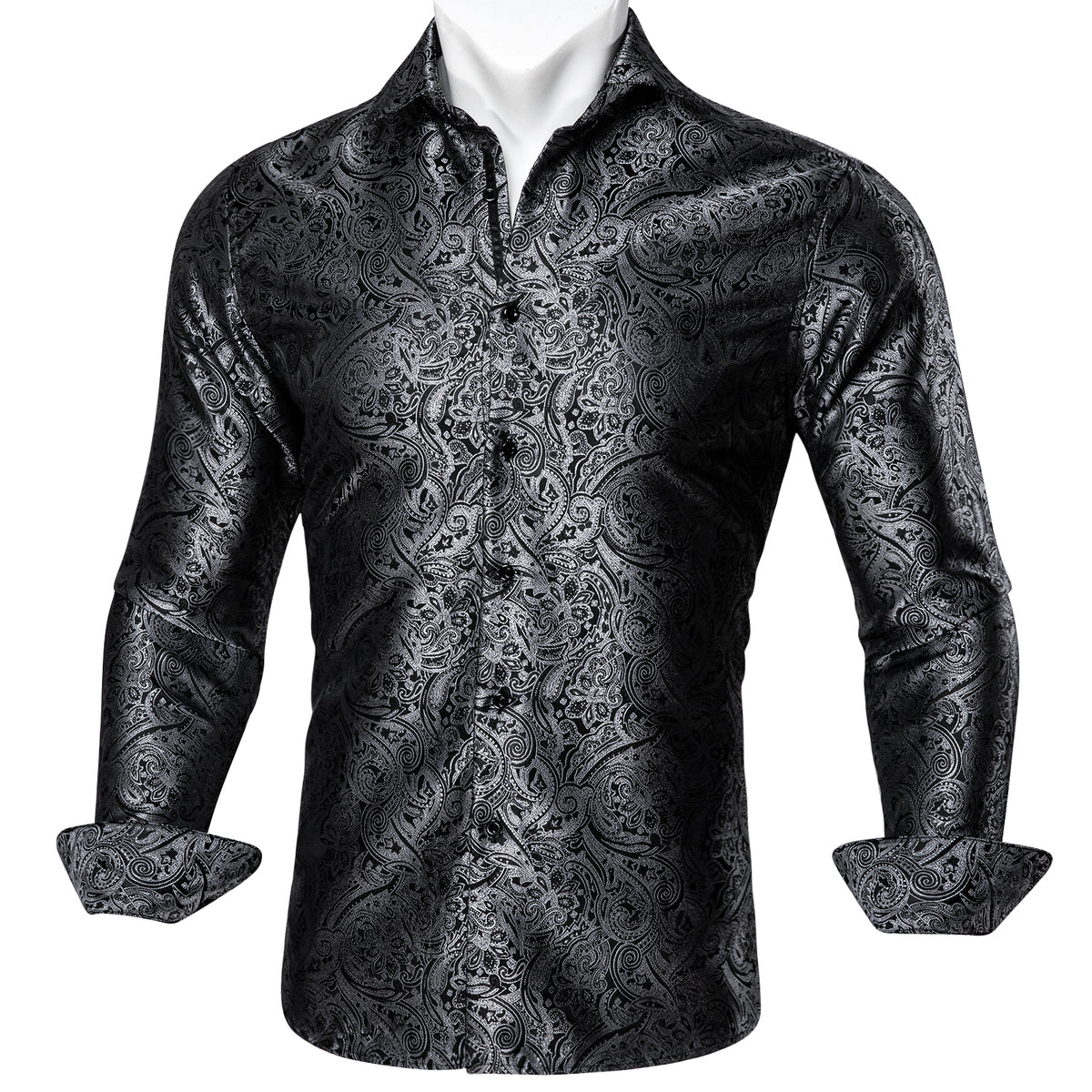 Black and Silver Paisley Silk Shirt shirt S   - Sophisticated Gentlemen