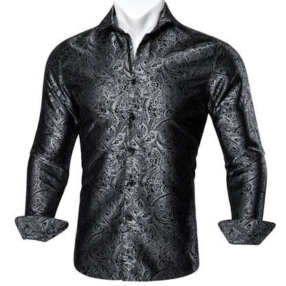 Black and Silver Paisley Silk Shirt shirt S   - Sophisticated Gentlemen