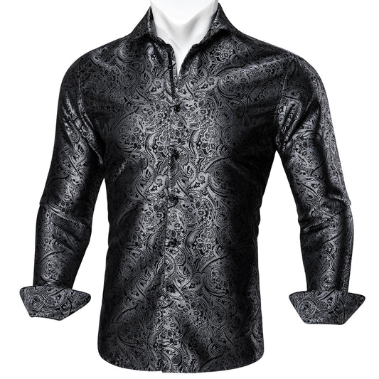 Black and Silver Paisley Silk Shirt shirt S   - Sophisticated Gentlemen