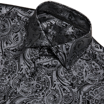 Black and Silver Paisley Silk Shirt shirt    - Sophisticated Gentlemen