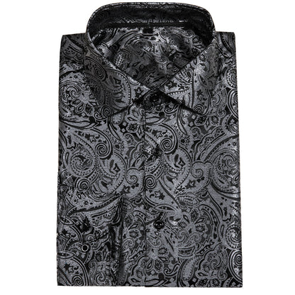 Black and Silver Paisley Silk Shirt shirt    - Sophisticated Gentlemen