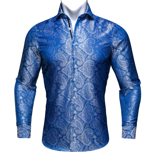 Elegant Blue Paisley Silk Dress Shirt shirt S   - Sophisticated Gentlemen
