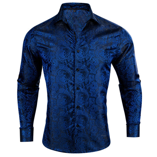 Deep Blue Paisley Silk Dress Shirt shirt S   - Sophisticated Gentlemen