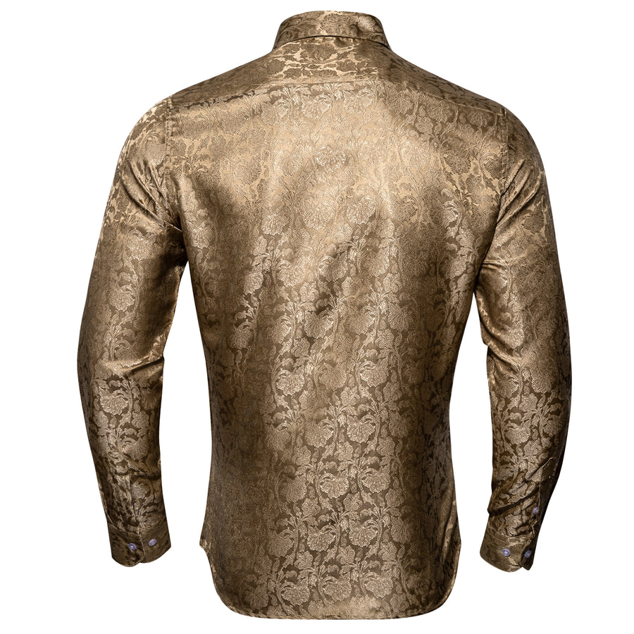 Champagne Brown Floral Silk Dress Shirt shirt    - Sophisticated Gentlemen
