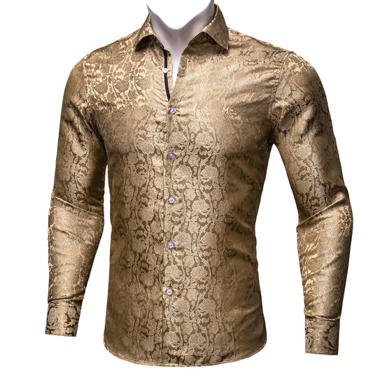 Champagne Brown Floral Silk Dress Shirt shirt S   - Sophisticated Gentlemen