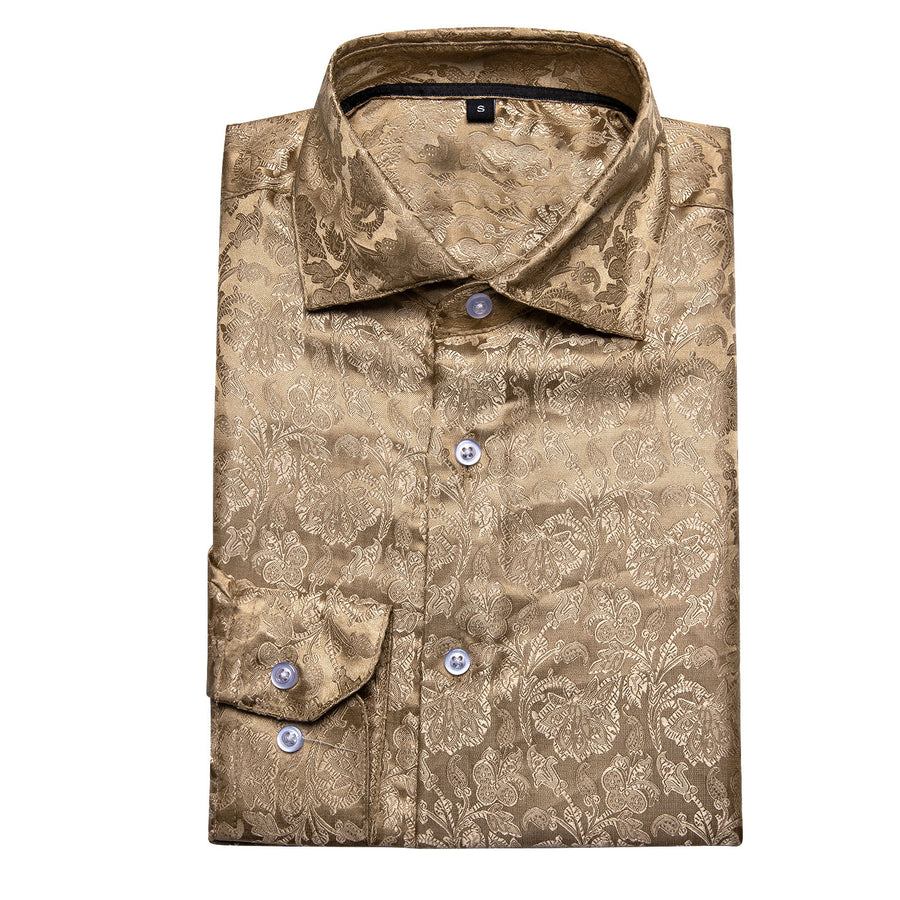 Champagne Brown Floral Silk Dress Shirt shirt    - Sophisticated Gentlemen