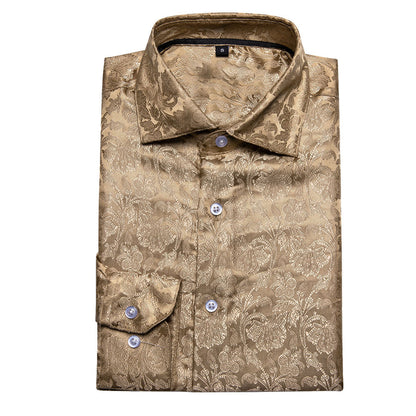 Champagne Brown Floral Silk Dress Shirt shirt    - Sophisticated Gentlemen