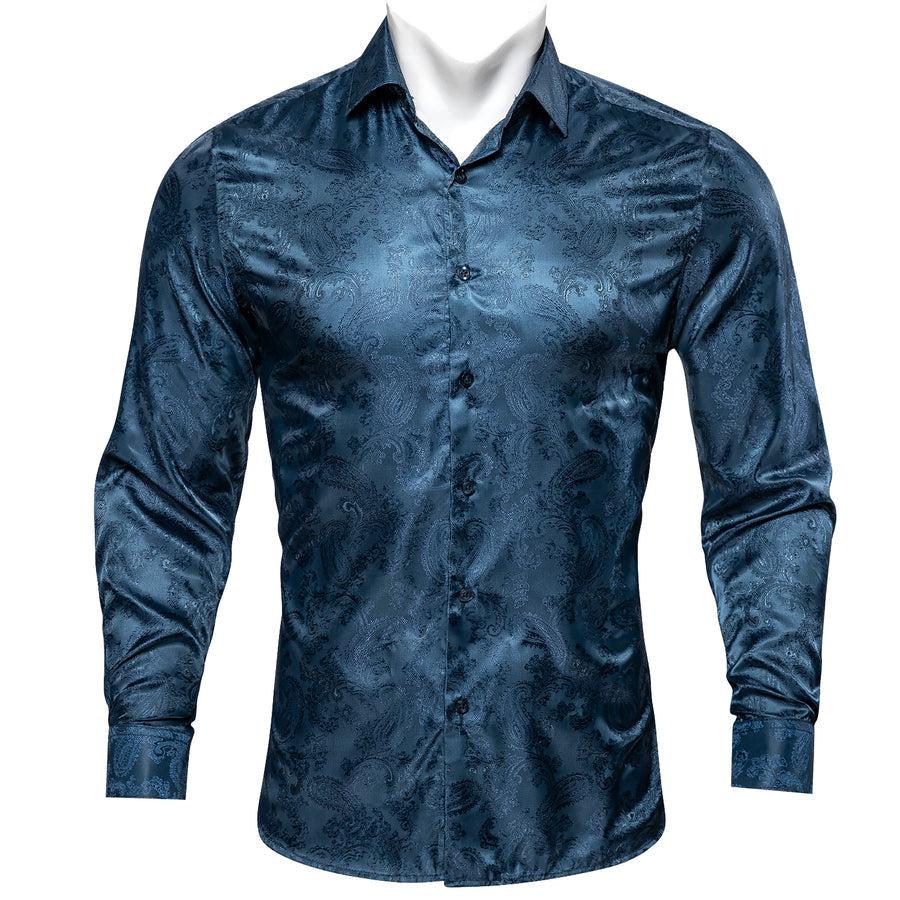 Gray Blue Paisley Silk Dress Shirt shirt S   - Sophisticated Gentlemen