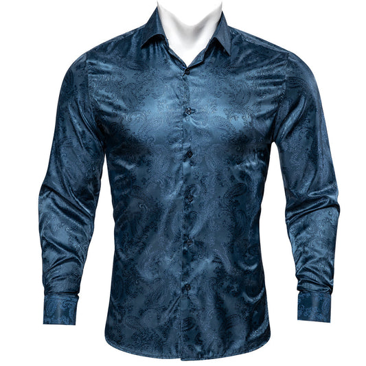 Gray Blue Paisley Silk Dress Shirt shirt S   - Sophisticated Gentlemen