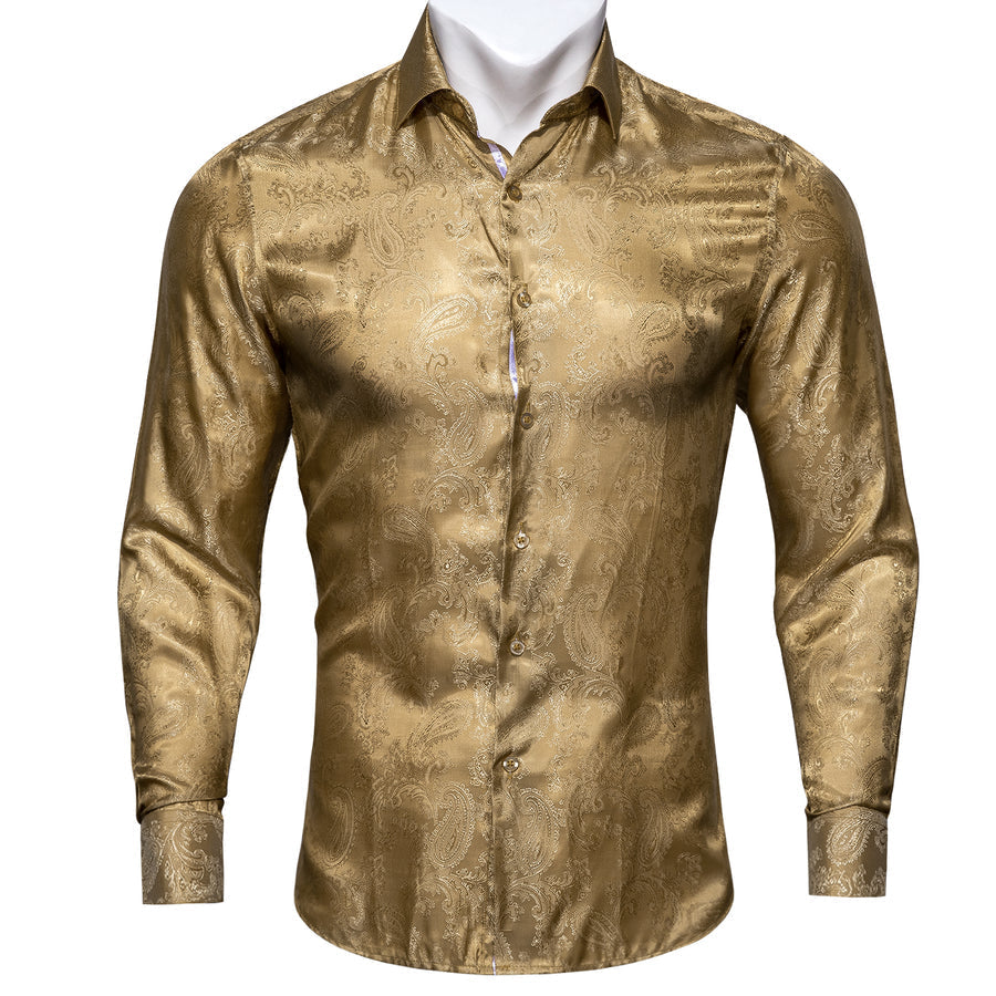 Khaki Yellow Paisley Pattern Silk Dress Shirt shirt S   - Sophisticated Gentlemen