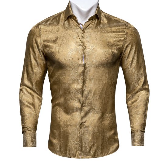 Khaki Yellow Paisley Pattern Silk Dress Shirt shirt S   - Sophisticated Gentlemen