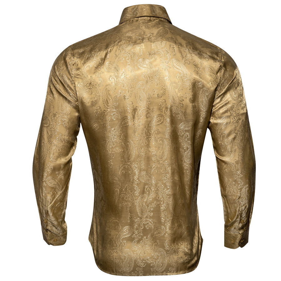Khaki Yellow Paisley Pattern Silk Dress Shirt shirt    - Sophisticated Gentlemen