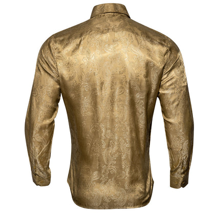 Khaki Yellow Paisley Pattern Silk Dress Shirt shirt    - Sophisticated Gentlemen