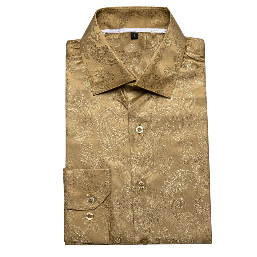 Khaki Yellow Paisley Pattern Silk Dress Shirt shirt    - Sophisticated Gentlemen