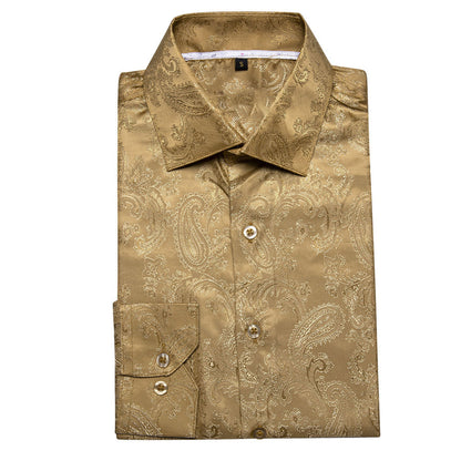 Khaki Yellow Paisley Pattern Silk Dress Shirt shirt    - Sophisticated Gentlemen