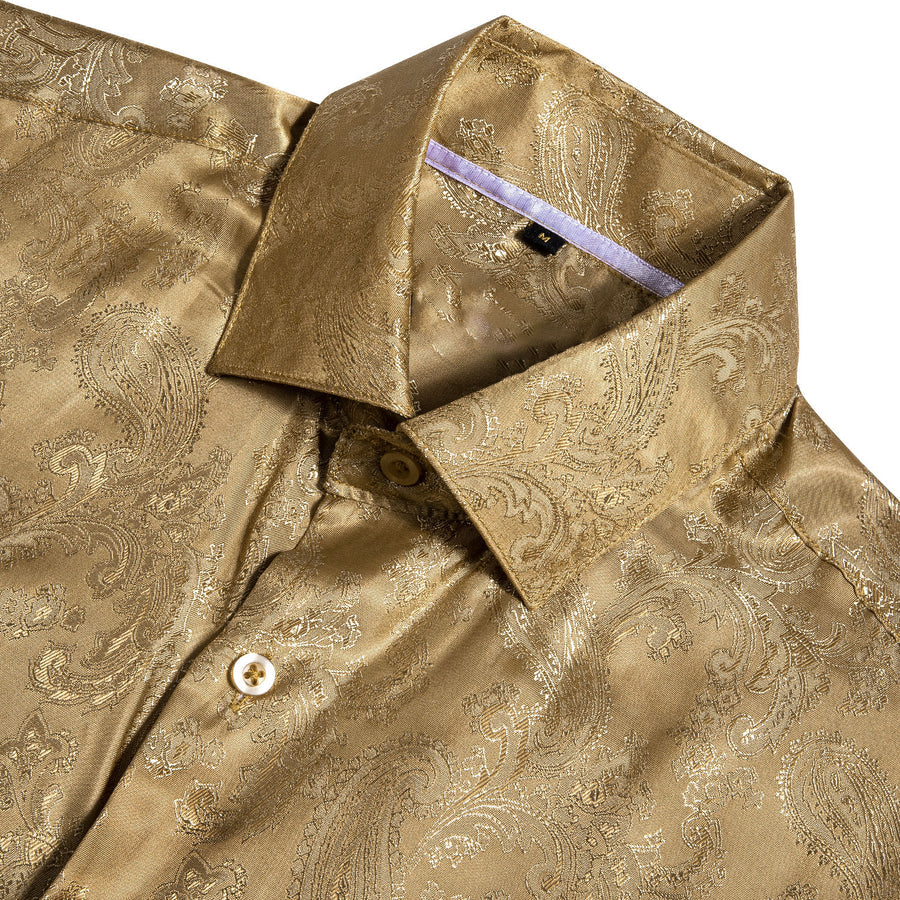 Khaki Yellow Paisley Pattern Silk Dress Shirt shirt    - Sophisticated Gentlemen