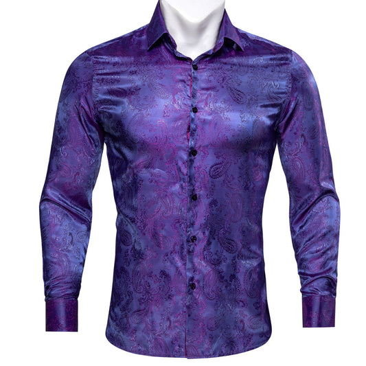 Shiny Blue Purple Paisley Silk Dress Shirt shirt S   - Sophisticated Gentlemen