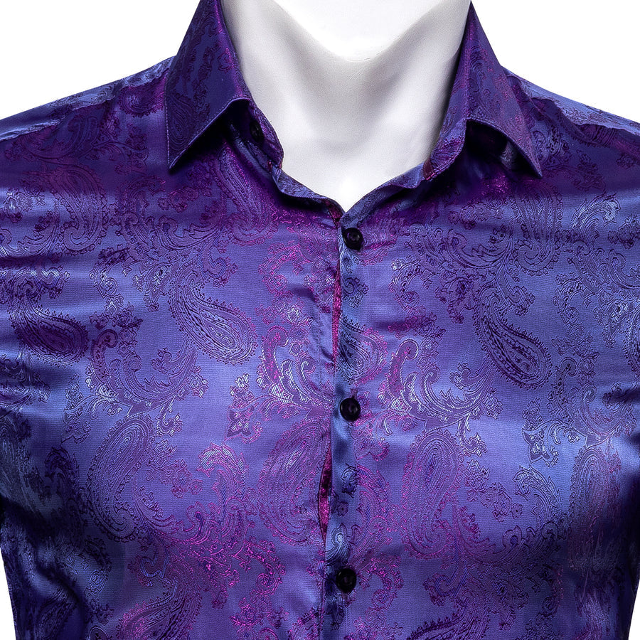 Shiny Blue Purple Paisley Silk Dress Shirt shirt    - Sophisticated Gentlemen