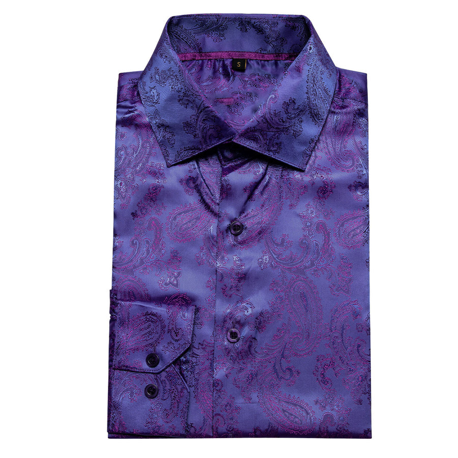 Shiny Blue Purple Paisley Silk Dress Shirt shirt    - Sophisticated Gentlemen