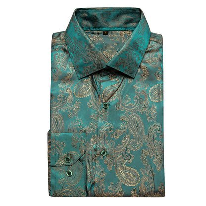 Lake Blue Green Paisley Silk Dress Shirt shirt    - Sophisticated Gentlemen