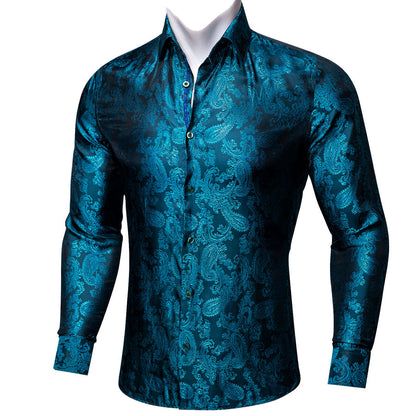 Lake Blue Paisley Silk Dress Shirt shirt S   - Sophisticated Gentlemen