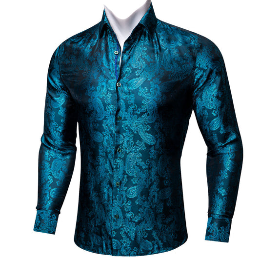 Lake Blue Paisley Silk Dress Shirt shirt S   - Sophisticated Gentlemen