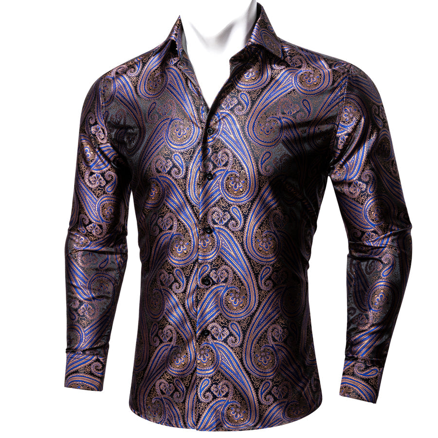 Silver Purple Blue Paisley Pattern Silk Dress Shirt shirt S   - Sophisticated Gentlemen