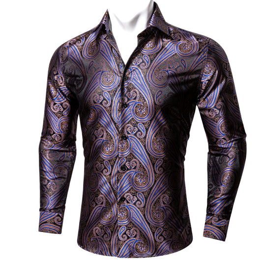 Silver Purple Blue Paisley Pattern Silk Dress Shirt shirt S   - Sophisticated Gentlemen