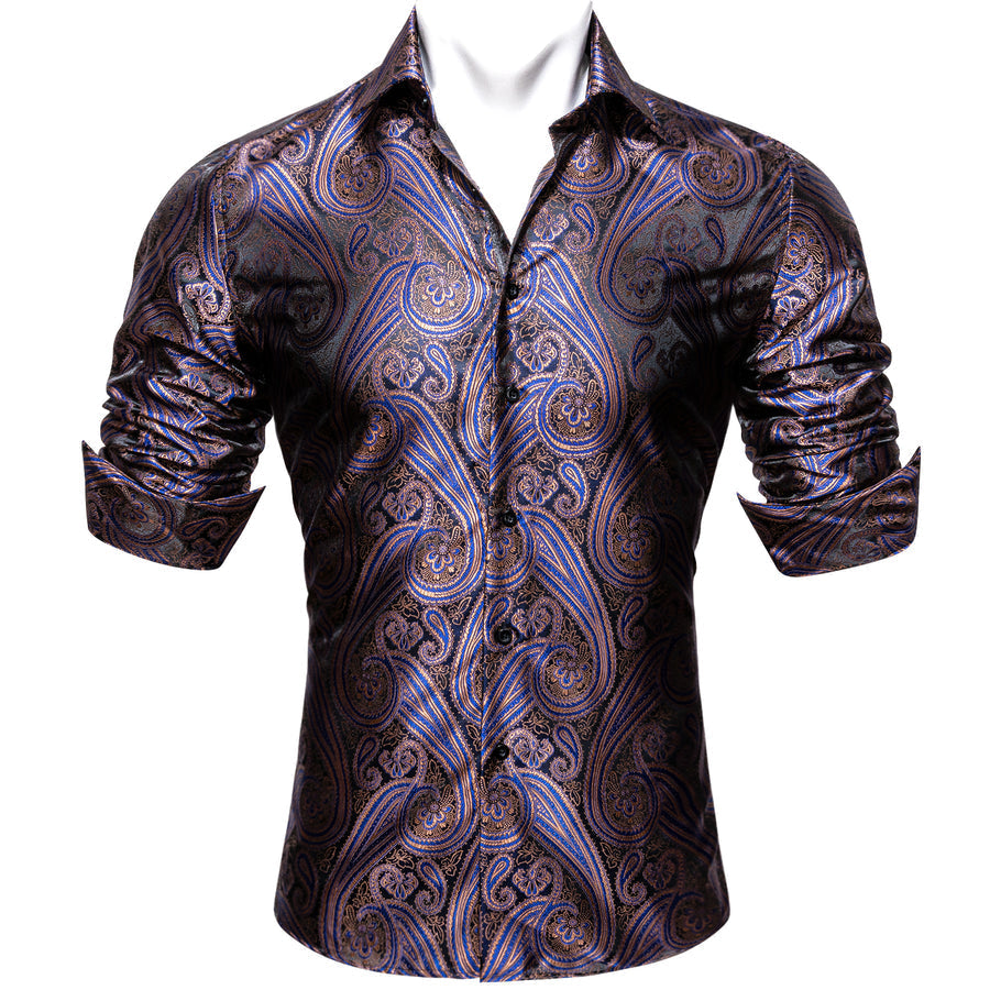 Silver Purple Blue Paisley Pattern Silk Dress Shirt shirt    - Sophisticated Gentlemen