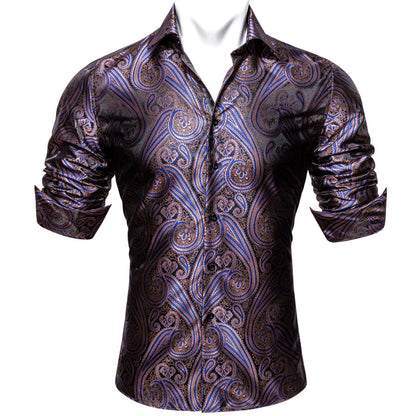 Silver Purple Blue Paisley Pattern Silk Dress Shirt shirt    - Sophisticated Gentlemen