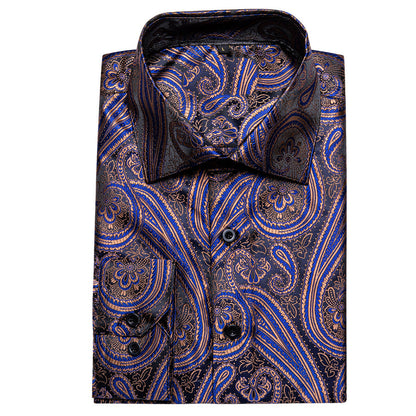 Silver Purple Blue Paisley Pattern Silk Dress Shirt shirt    - Sophisticated Gentlemen