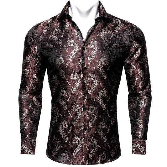 Chocolate Floral Silk Dress Shirt shirt S   - Sophisticated Gentlemen