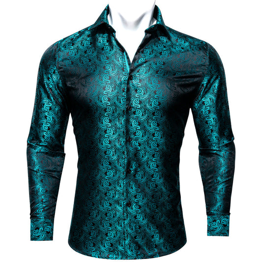 Midnight Black and Lake Blue Paisley Silk Dress Shirt shirt S   - Sophisticated Gentlemen