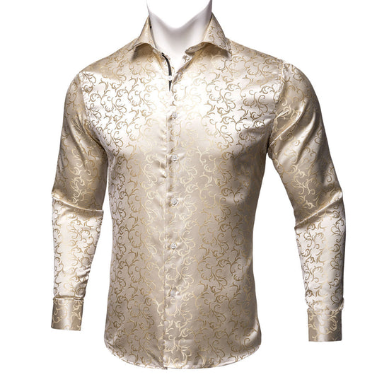Champagne Floral Silk Dress Shirt shirt S   - Sophisticated Gentlemen