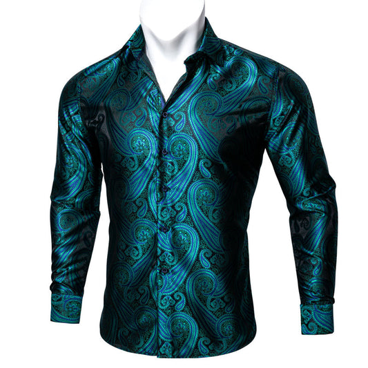 Green Black Paisley Style Silk Dress Shirt shirt S   - Sophisticated Gentlemen