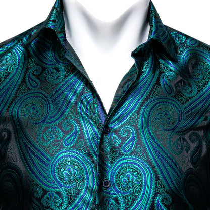 Green Black Paisley Style Silk Dress Shirt shirt    - Sophisticated Gentlemen