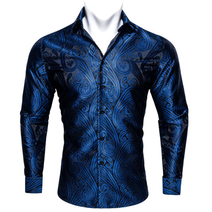 Blue Black Paisley Style Silk Dress Shirt shirt    - Sophisticated Gentlemen