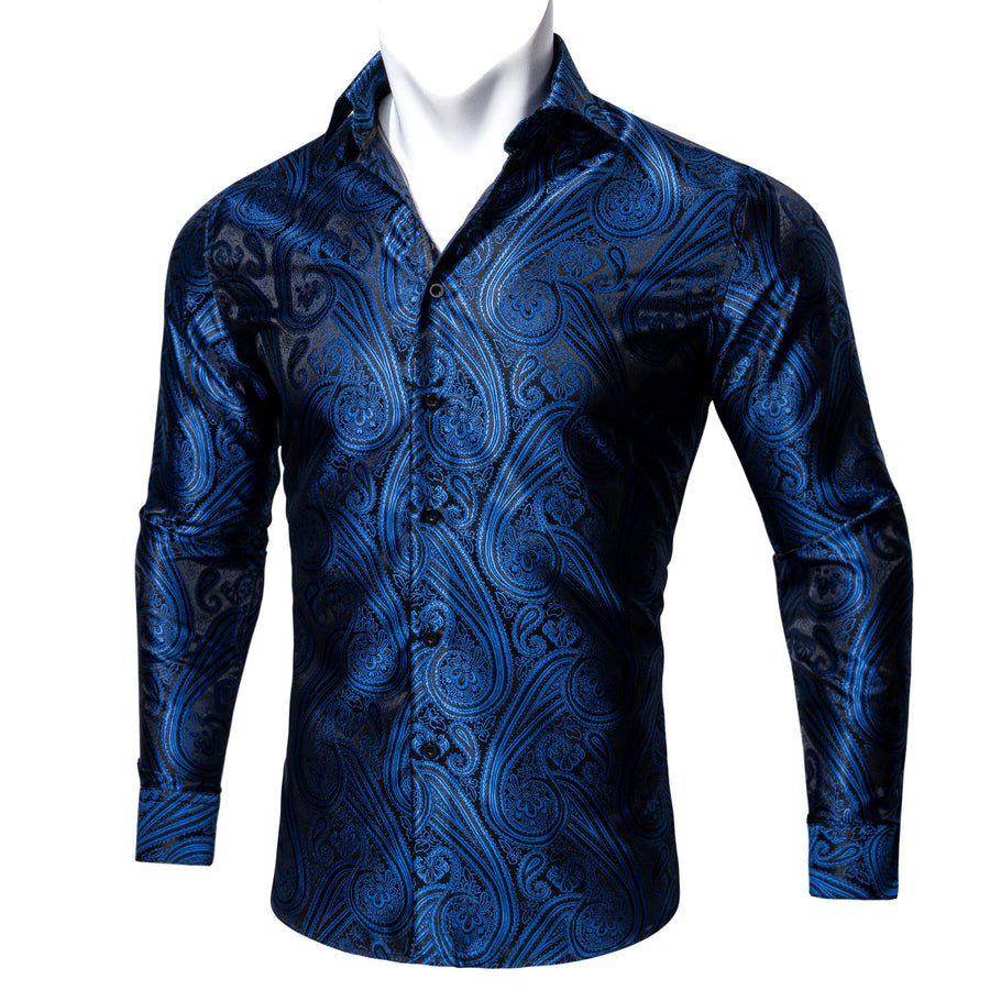 Blue Black Paisley Style Silk Dress Shirt shirt S   - Sophisticated Gentlemen