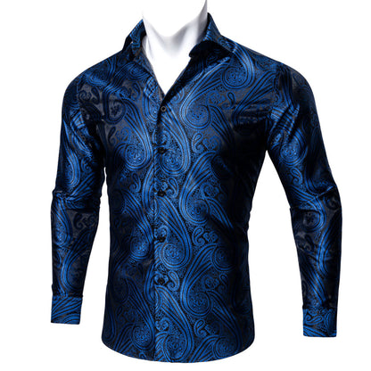 Blue Black Paisley Style Silk Dress Shirt shirt S   - Sophisticated Gentlemen