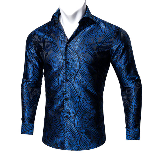 Blue Black Paisley Style Silk Dress Shirt shirt S   - Sophisticated Gentlemen