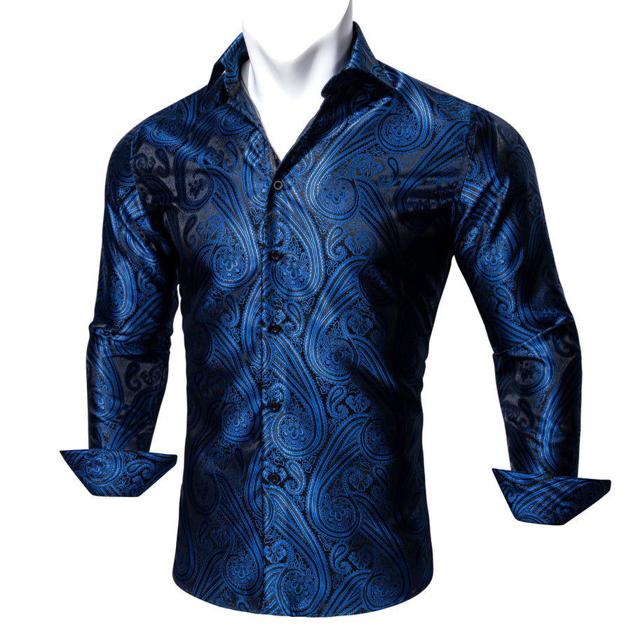 Blue Black Paisley Style Silk Dress Shirt shirt    - Sophisticated Gentlemen