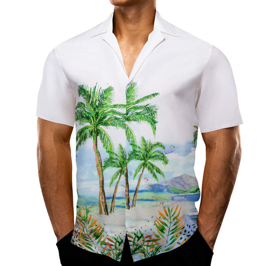 White Green Coconut Tree Novelty Men's Summer Beach Dress Shirt shirt S   - Sophisticated Gentlemen